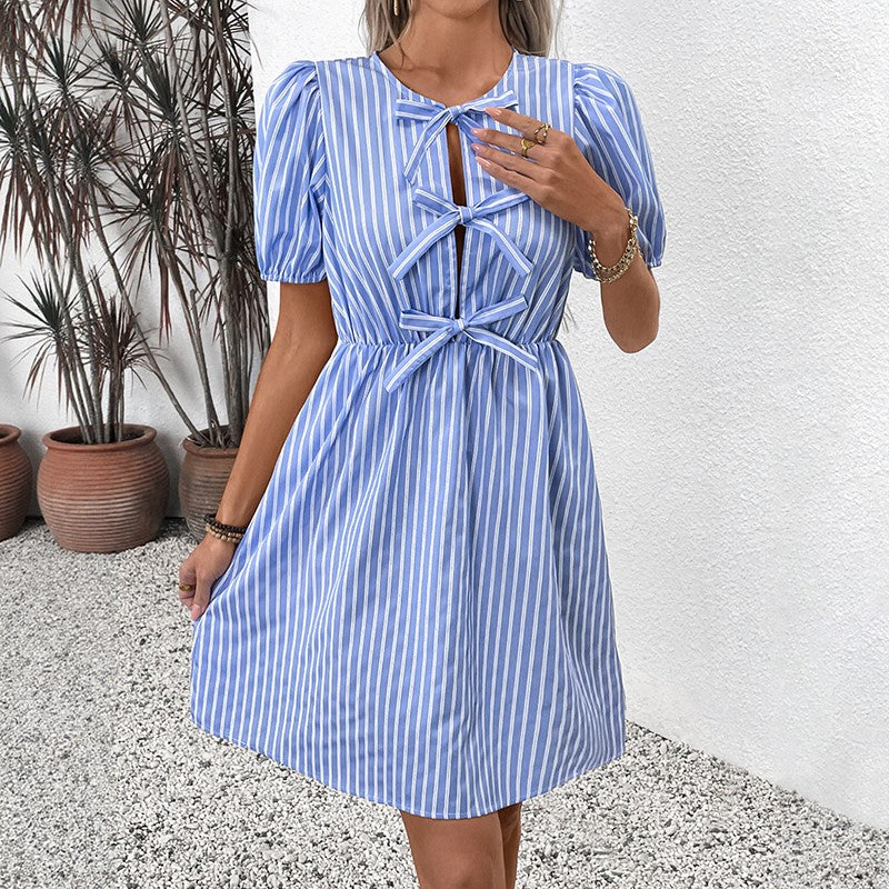 Blue And White Striped A-Line Dress With Puff Sleeve And Bows At Front