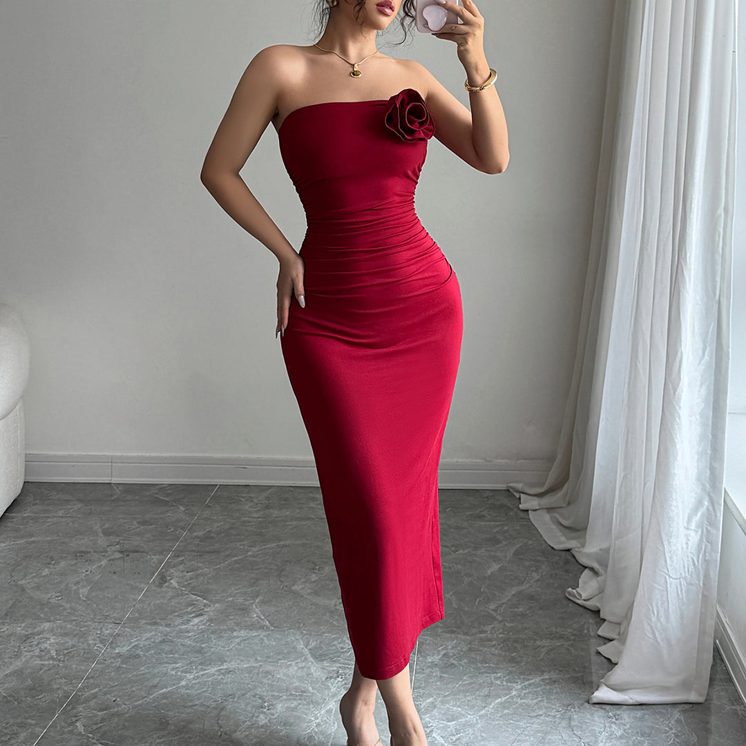 Red Strapless Flower Attached Dress