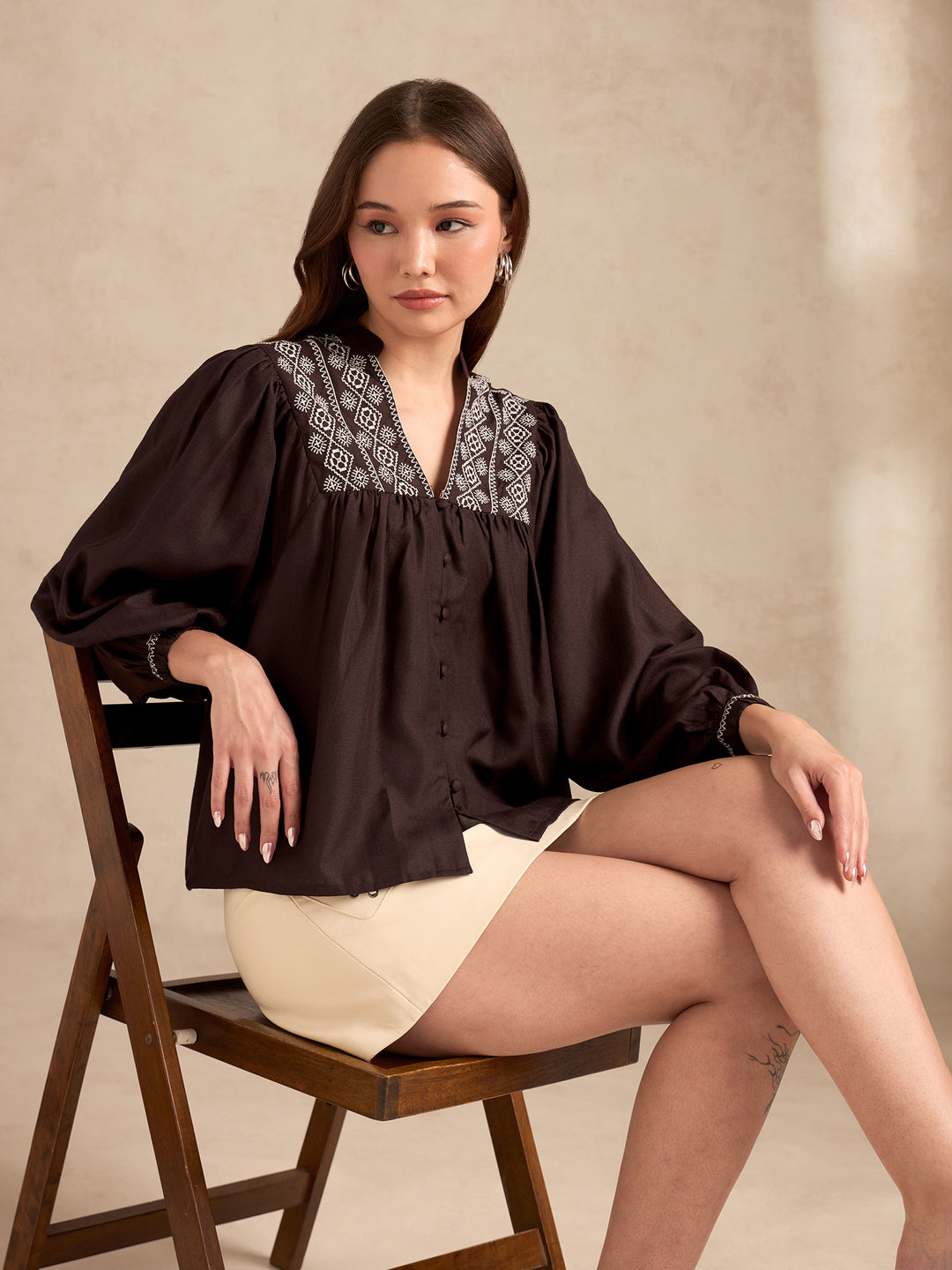 Brown Embroidered Long Sleeves Blouse