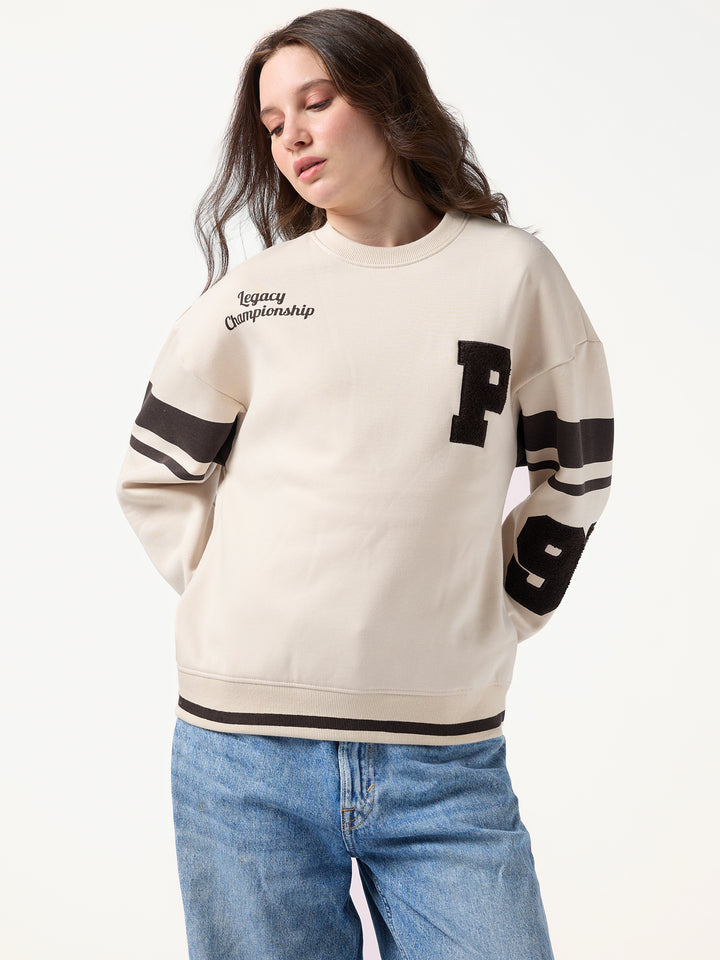 Cream Varsity Bold Applique Russian Fleece Sweatshirt