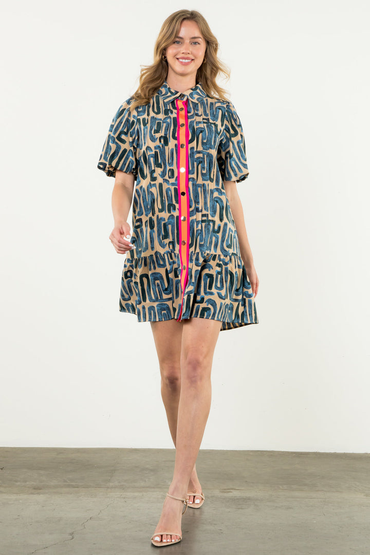 Navy Blue Geo Print Shirt Mini Dress