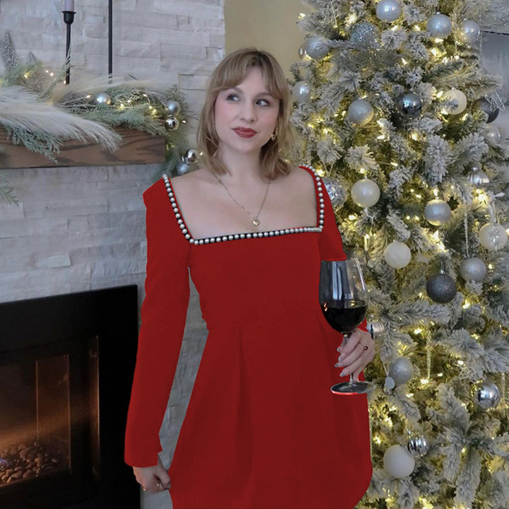 Red  Square Neck With Pearl Details Skater Dress