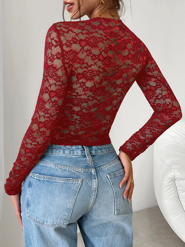 Wine Scoop Neck Lace Fitted Top