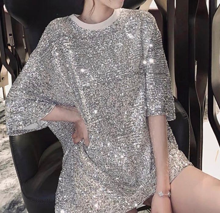 Cream Sequin T-Shirt Dress