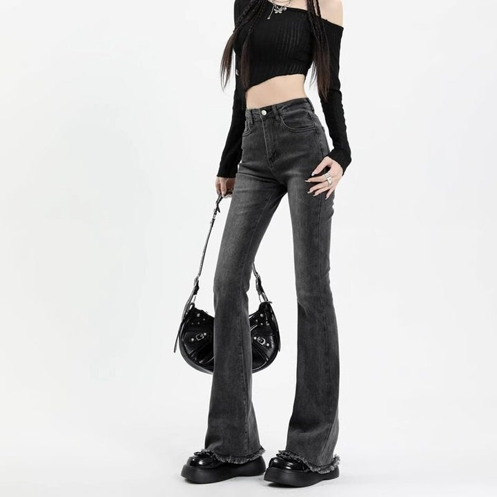 Grey Flared Freyed Hem Denim