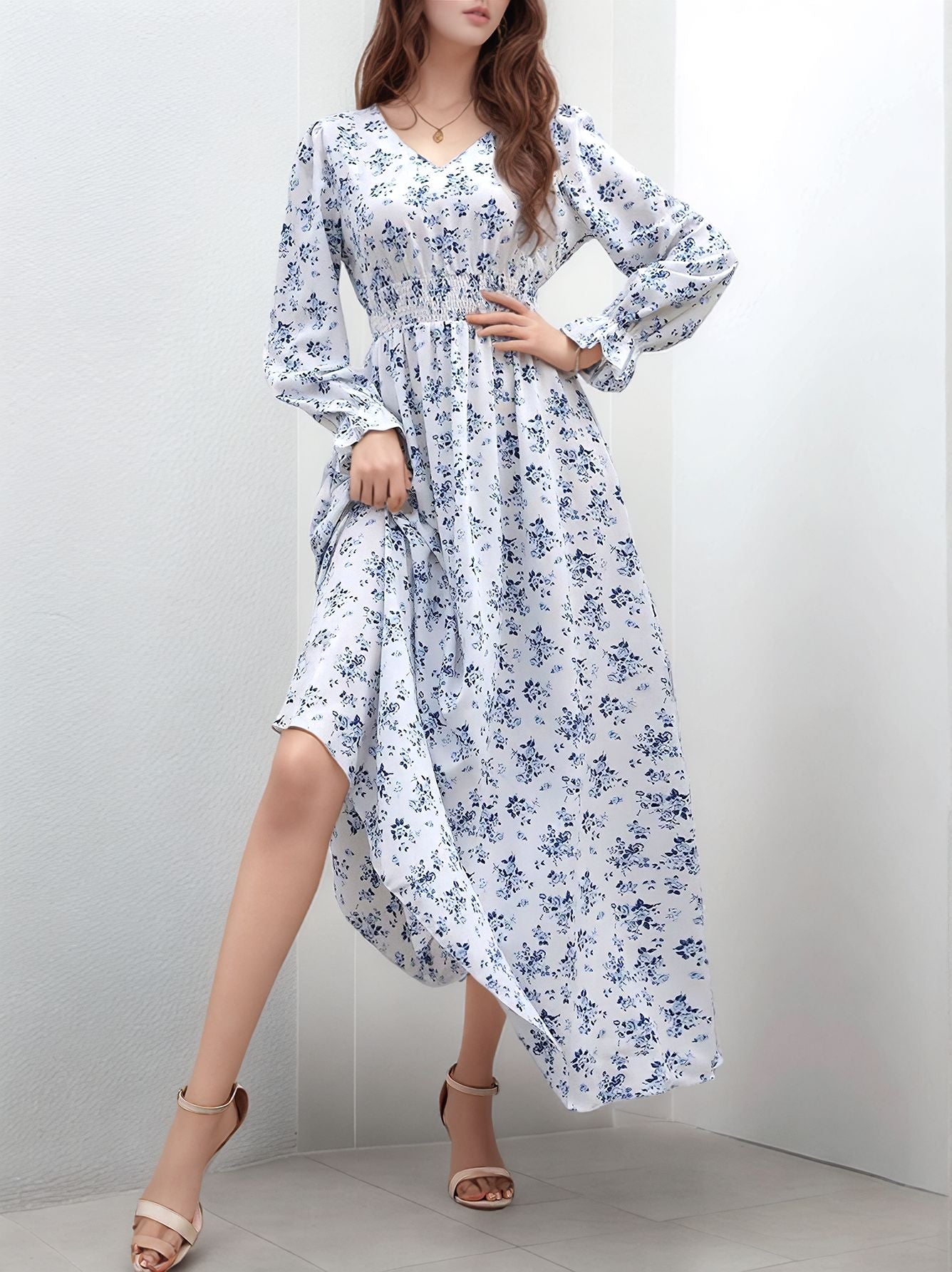 Blue Bishop Sleeve V Neck Printed Dress