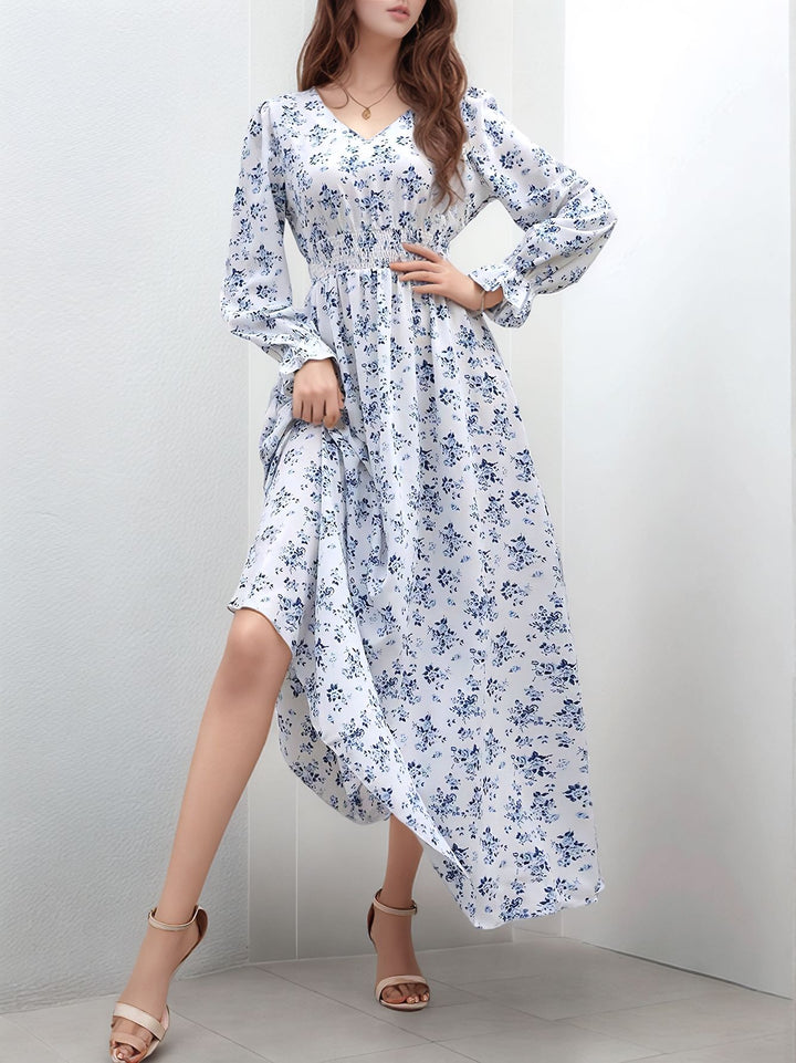 Blue Bishop Sleeve V Neck Printed Dress