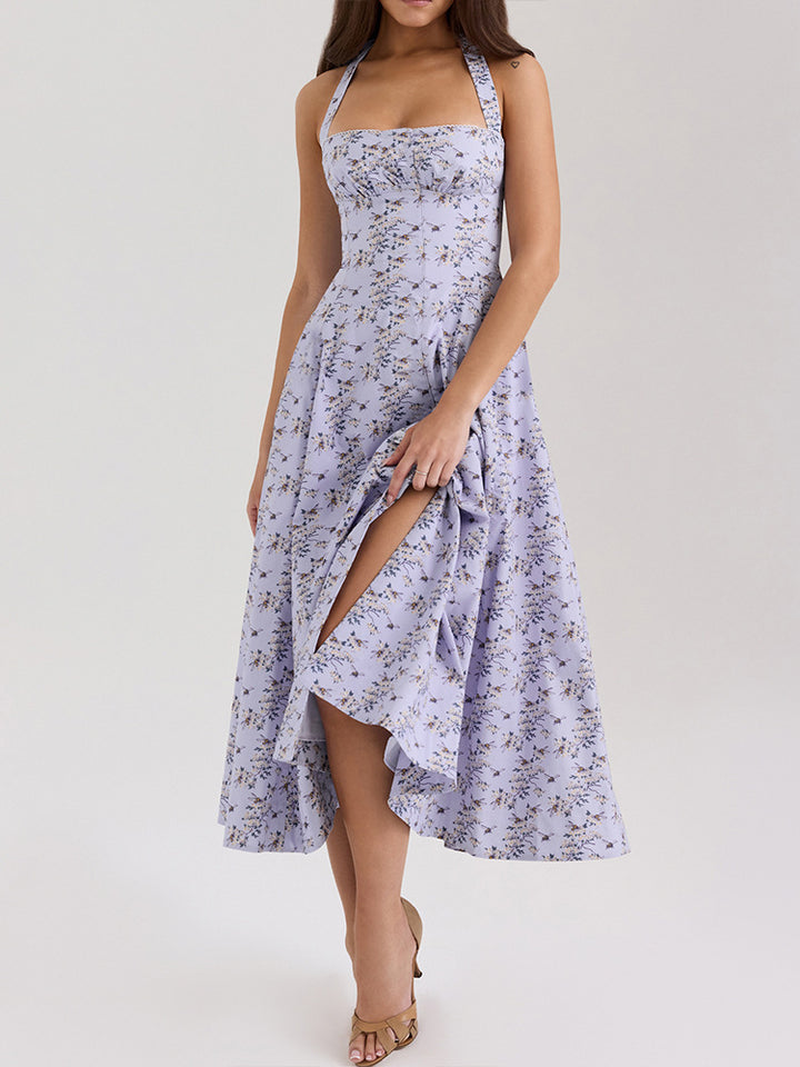 Purple Printed Halter Neck Midi