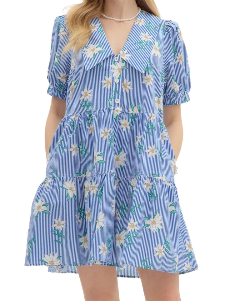 Blue Puff Sleeve Big Collared Dress