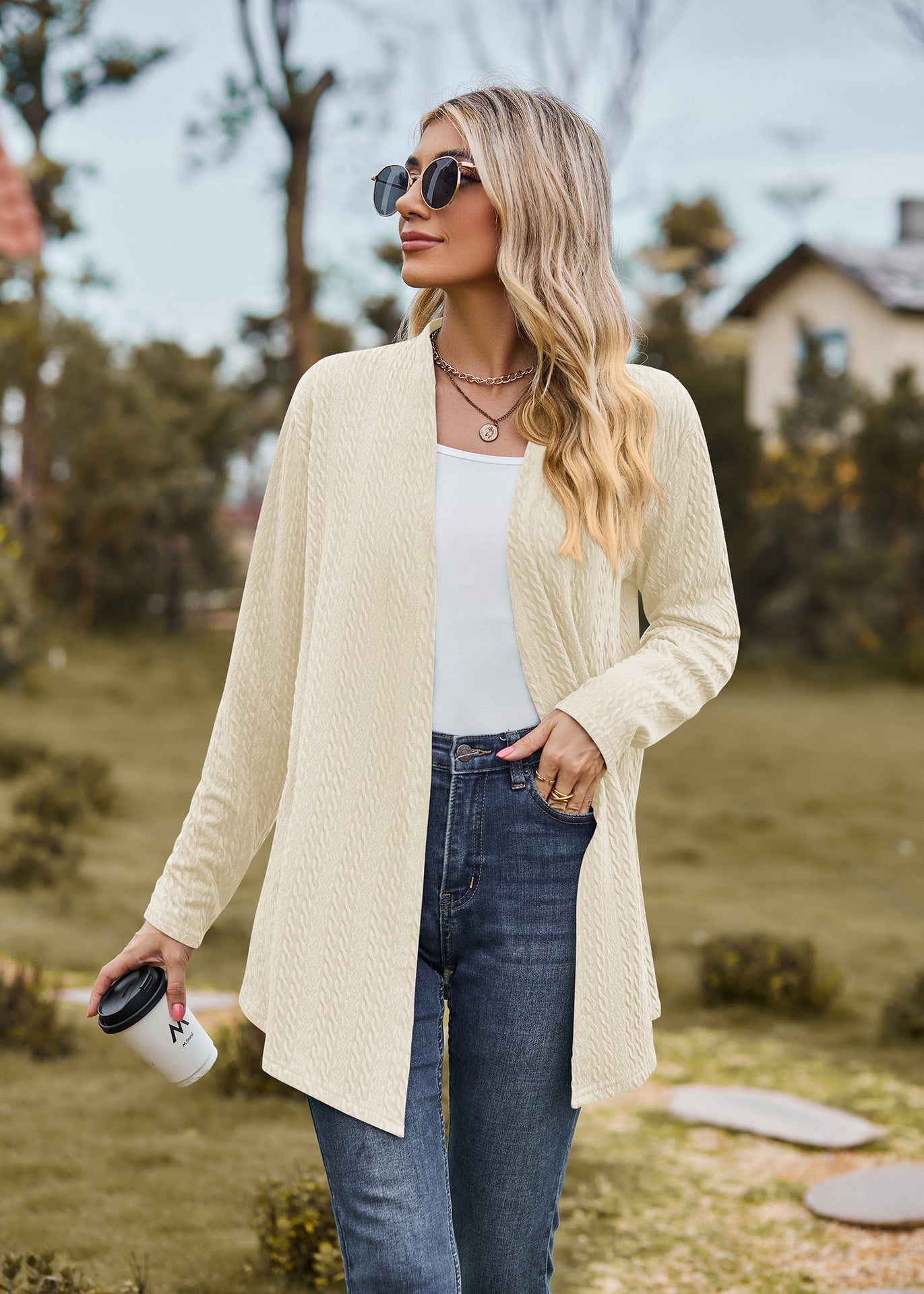 Cream Solid Textured Shrug