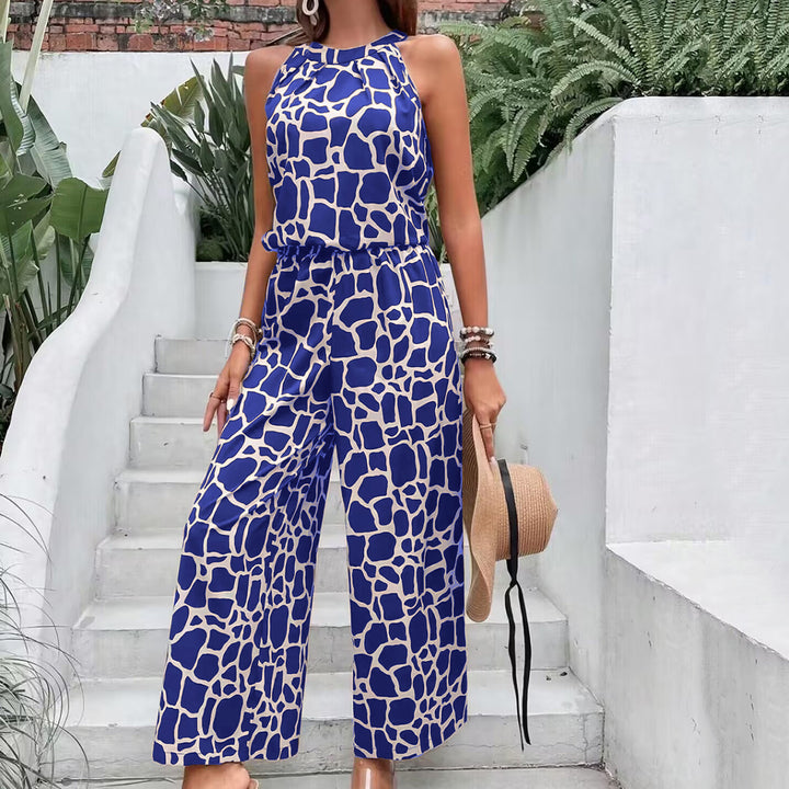 Blue Printed Sleeveless Jumpsuit