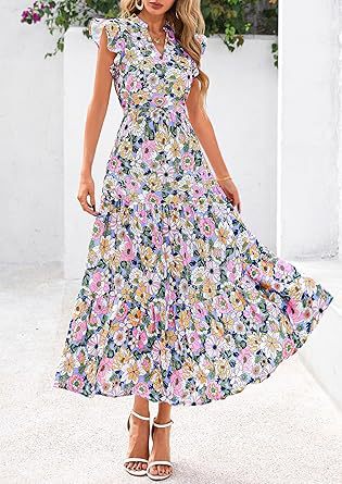 Blue Printed Flutter Sleeved Midi Dress