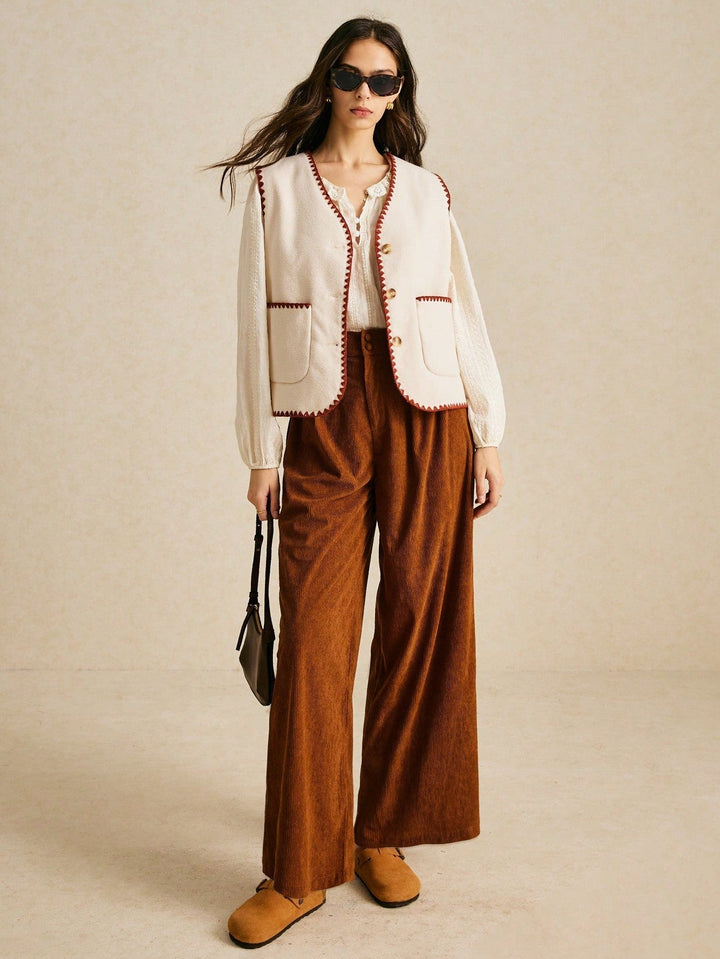 Brown Waist Buttoned Corduroy Pant