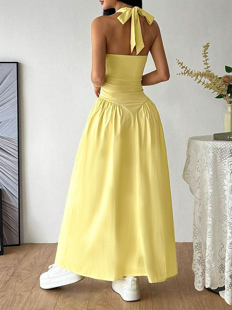 Yellow Pointed Waistline Halter Neck Dress