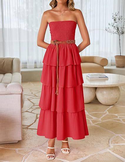 Red Tube Smoked Dress With Ruffled Layers