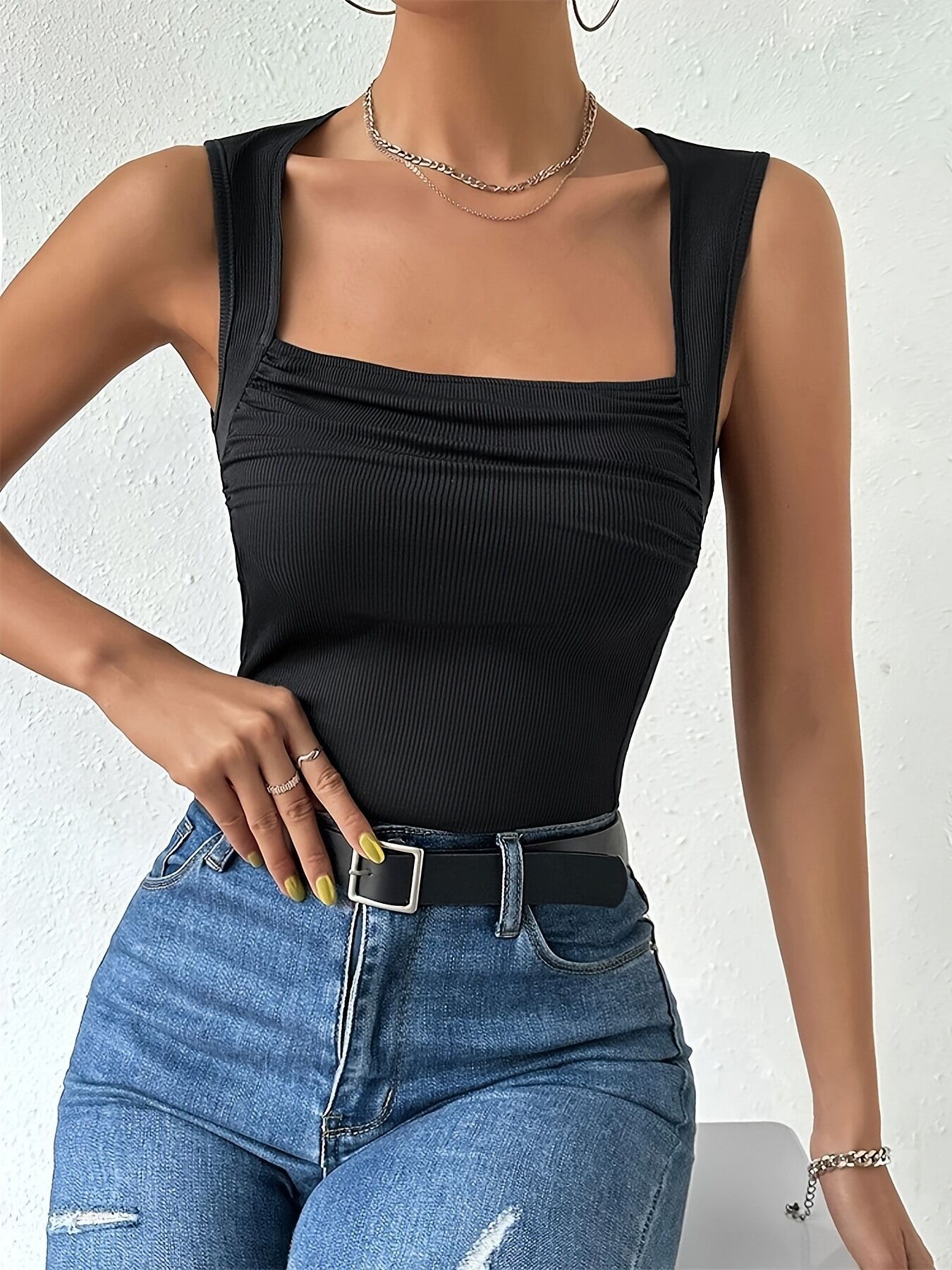 Black Square Neck Ruched Tank Top