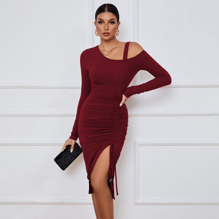 Wine Full Sleeve Cold Shoulder Front Ruched Dress