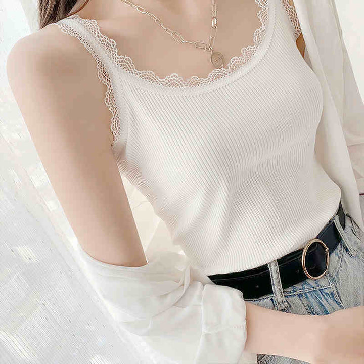 White Shoulder Strap Lace Trim Top