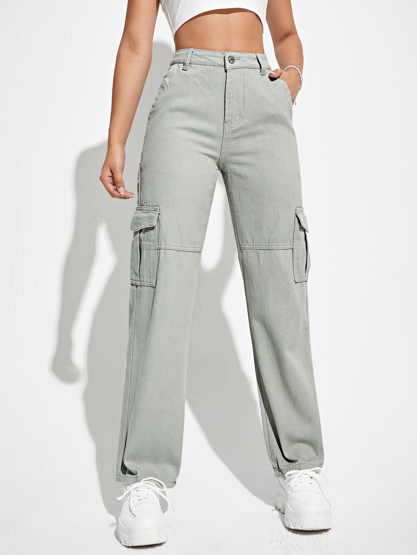 Shop Grey Cargo Pocket Detailed Jeans - for Women | OUTZIDR
