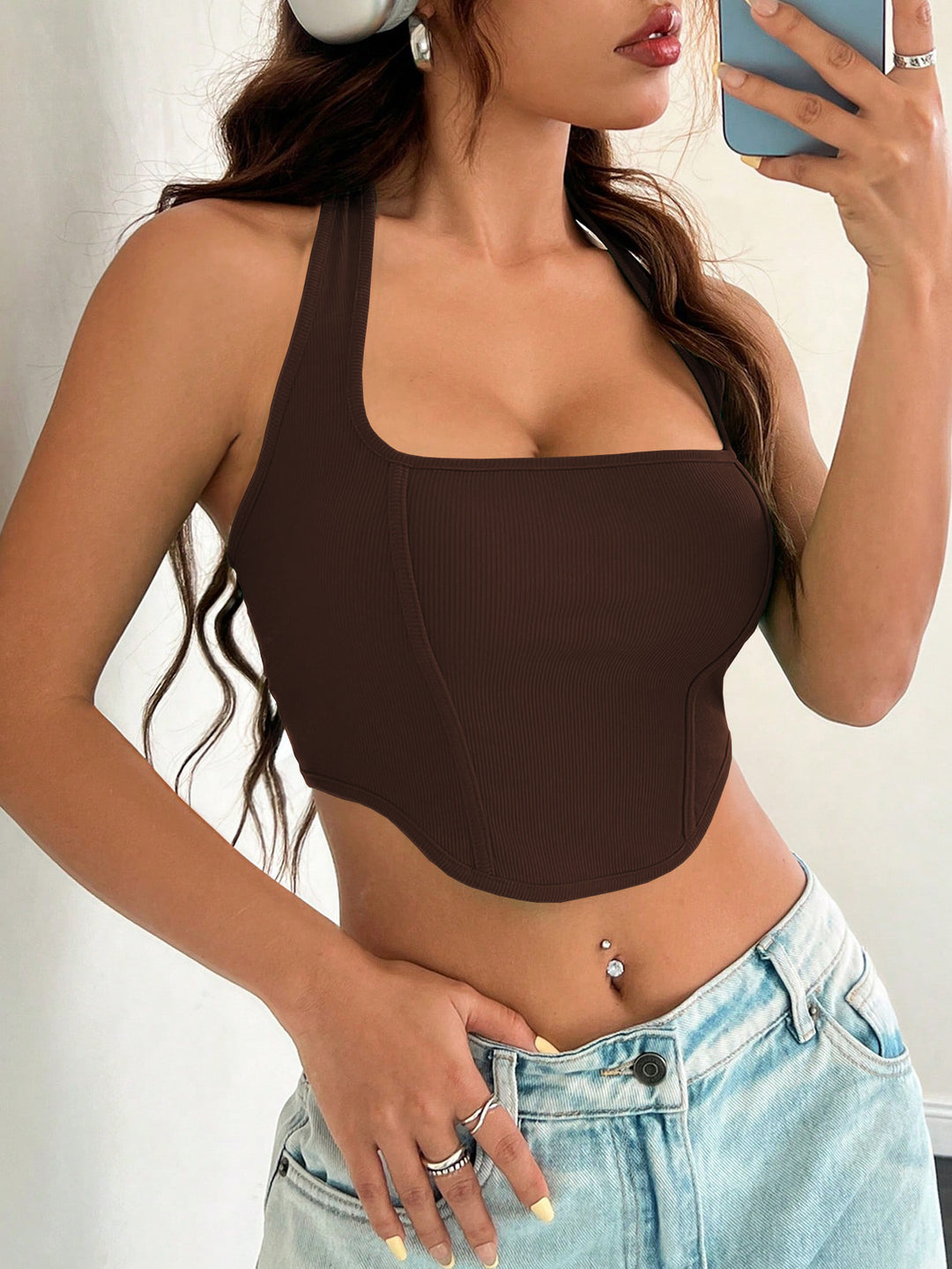 Brown Halter Neck Tank Top
