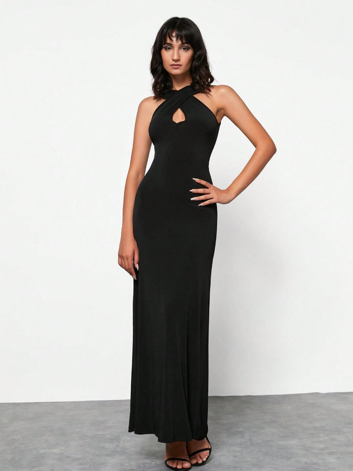 Black Cross Halter Neck Back Tie-Up Dress