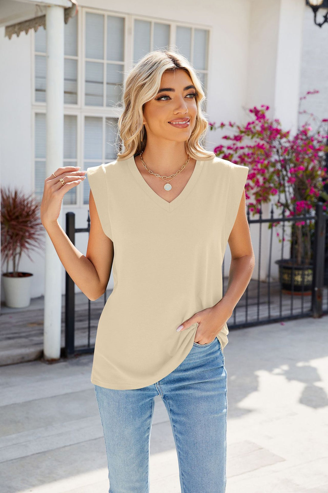 Cream Sleeveless V Neck Top