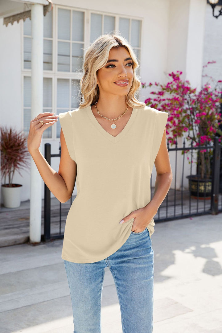 Cream Sleeveless V Neck Top