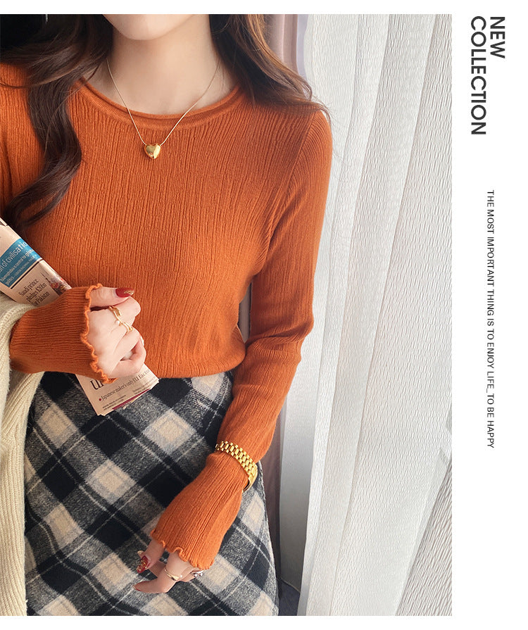 Orange Full Sleeve Scallop Hem Mock Neck Fitted Top