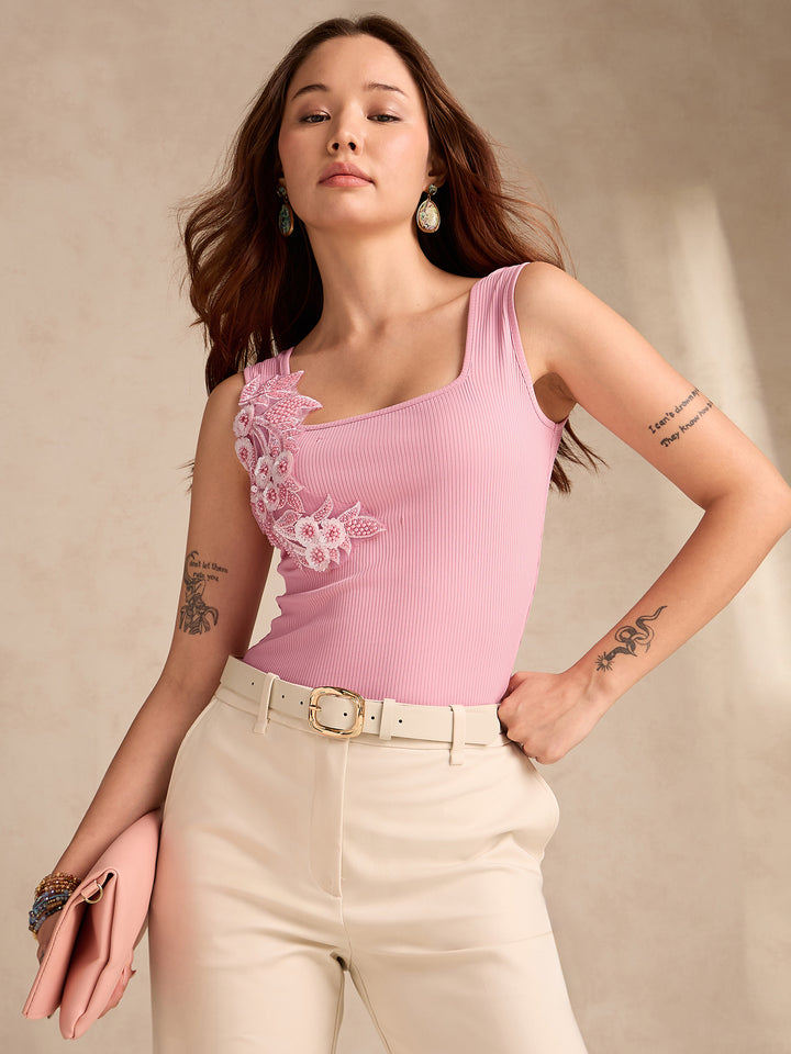 Pink Square Neck Tank Top With Rosette Detail