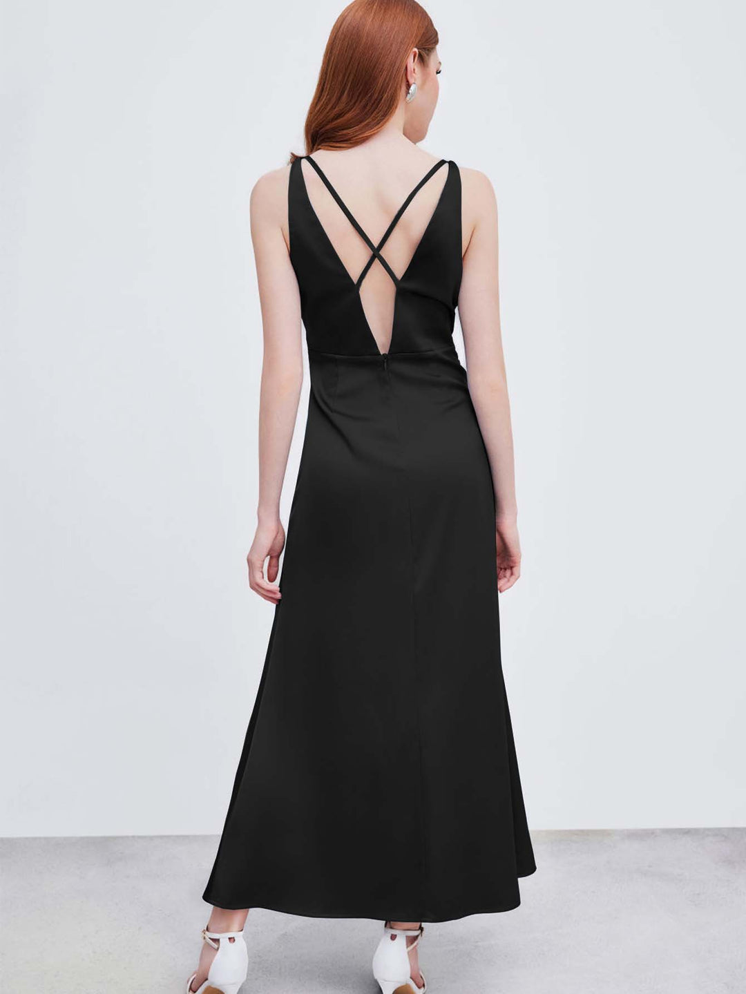Black Strappy V-Neck Slit Dress