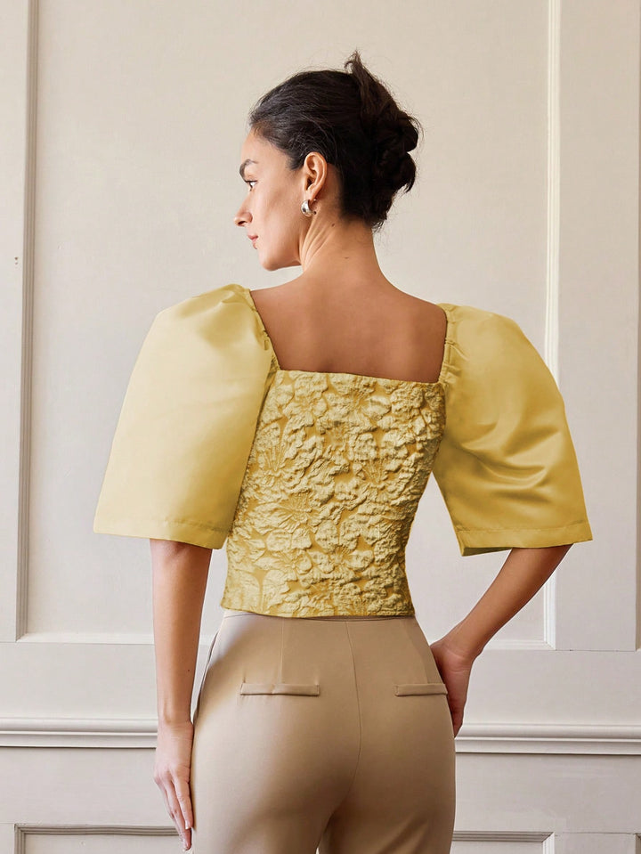 Yellow Floral Textured Fitted Top