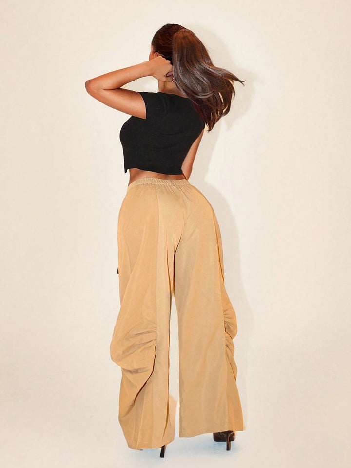 Beige High Waist Side Gathered Pant