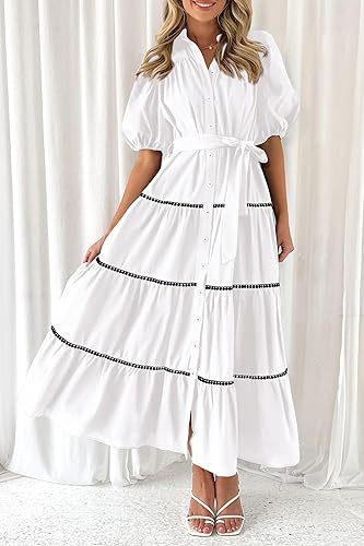 White Button Down Puff Sleeved Shirt Dress