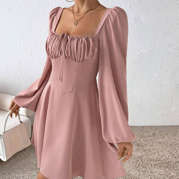 Pink Square Neck Centre Tie Up Dress