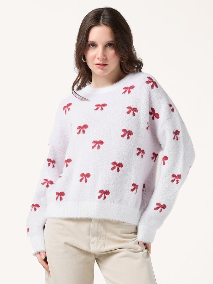 White Fuzzy Bows Cardigan