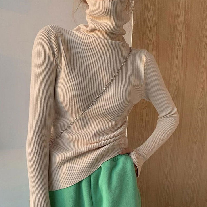 Light Beige High Neck Flat Knit Top