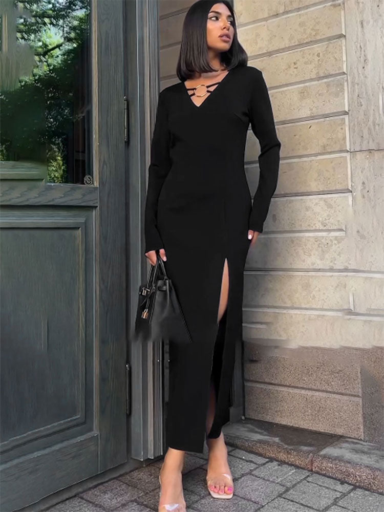 Black V Neck Bodycon Dress