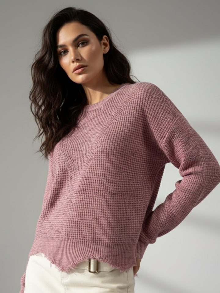 Pink Full Sleeve Crew Neck Fringe Hem Sweater