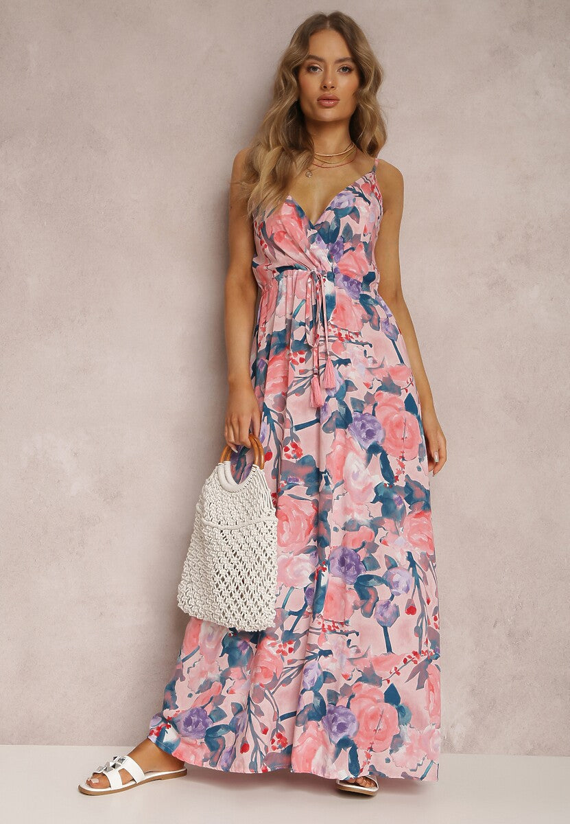 Pink Shoulder Strap V Neck Printed Dress