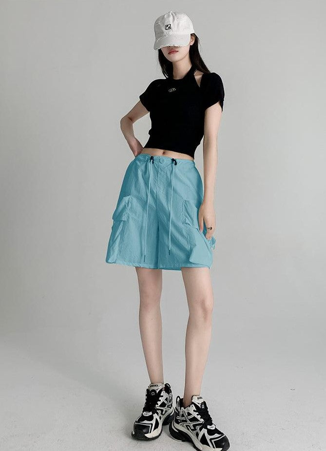 Blue Relaxed Fit Drawstring Cargo Shorts