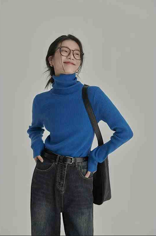 Blue Full Sleeve Mock Neck Sweater