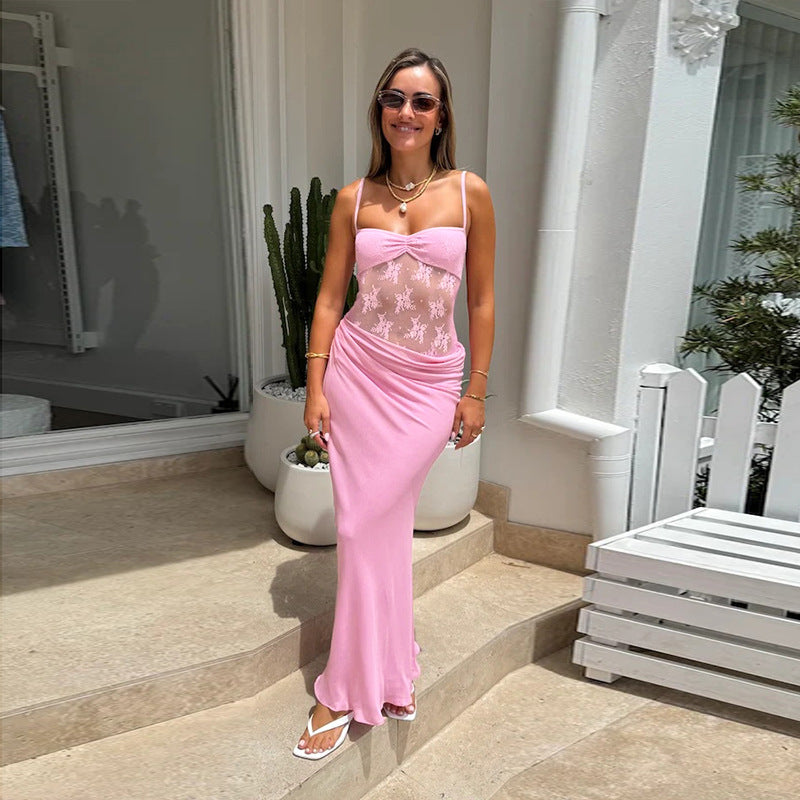 Pink Lace Insert At Waist Maxi Dress