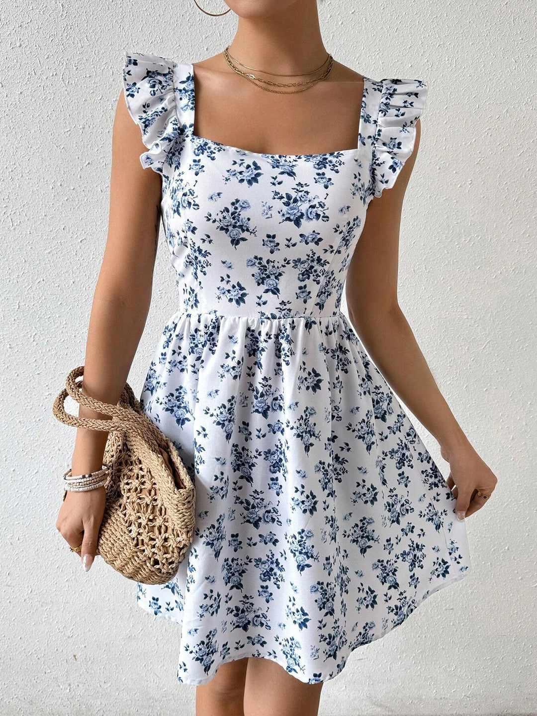 White Square Neck Ruffle Skater Dress