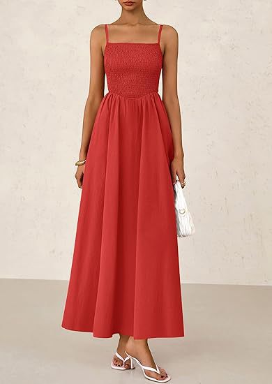 Red Strappy Square Neck Cinched Waist Dress With Pockets