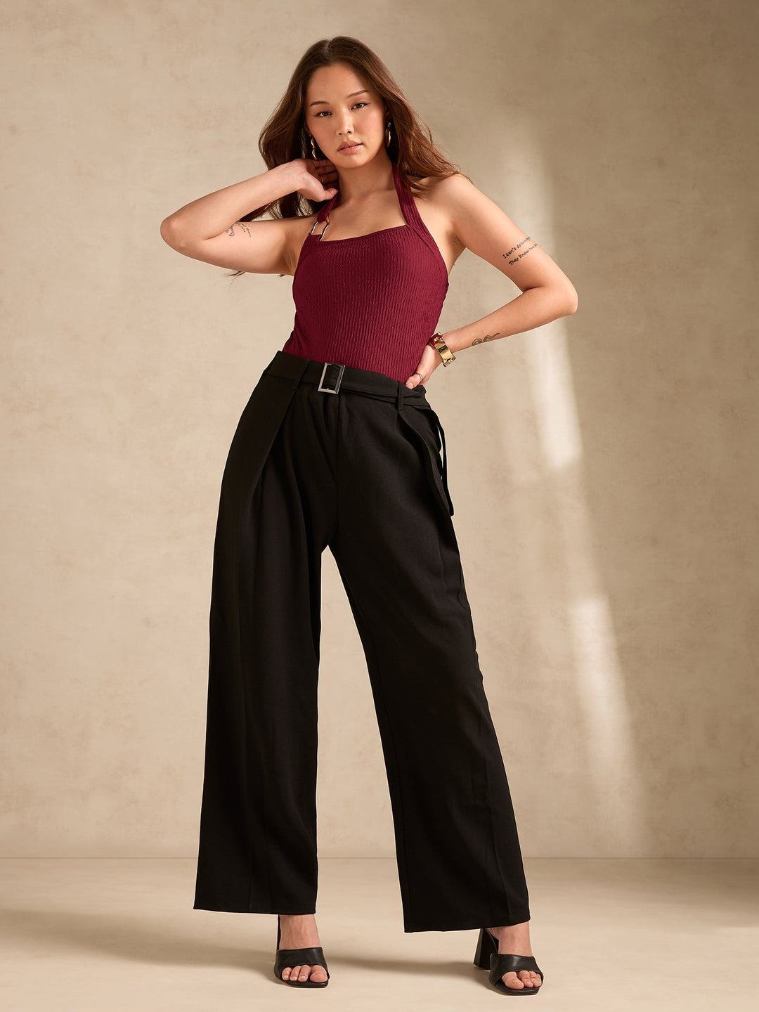 Maroon Halter Neck Tank With Metal Trim Detailing