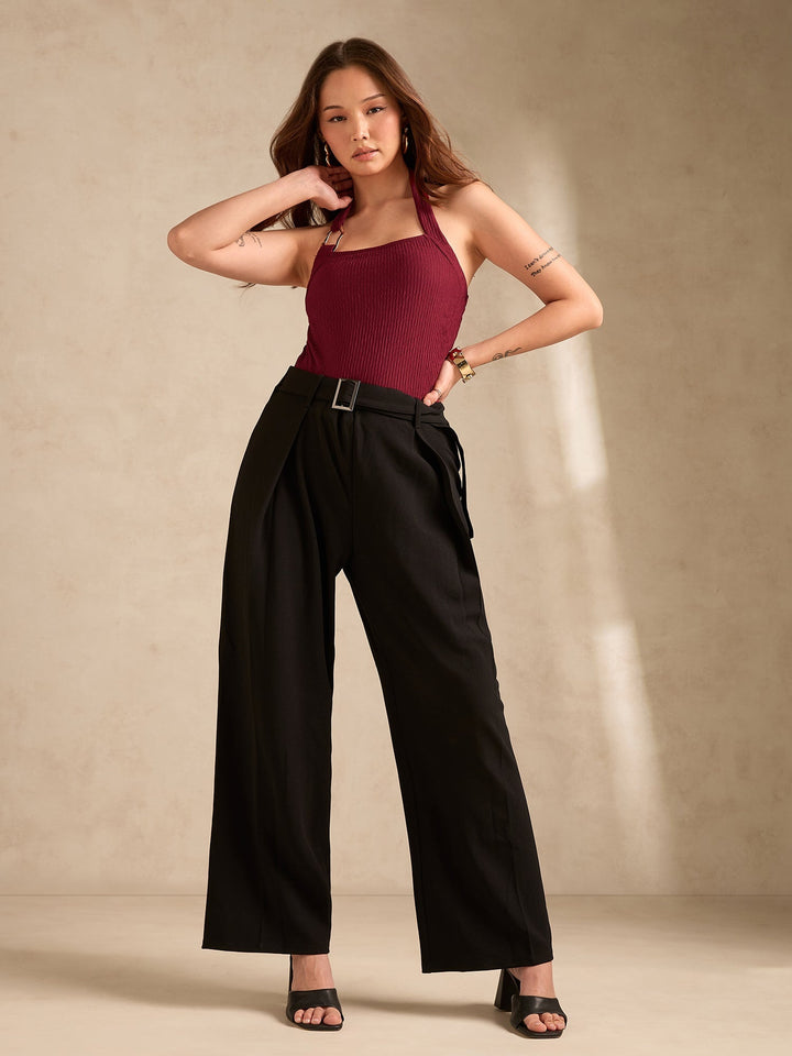 Maroon Halter Neck Tank With Metal Trim Detailing