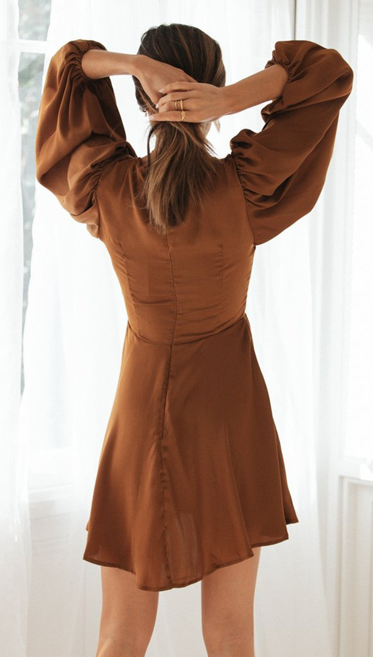 Brown Front Tie Up Solid Dress