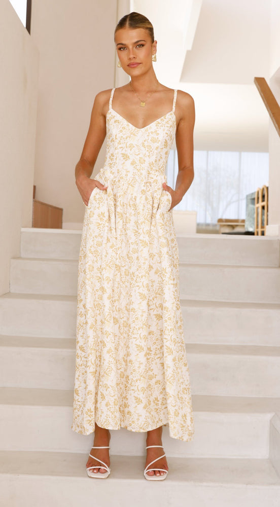 Yellow Printed Pointed Waistline Dress