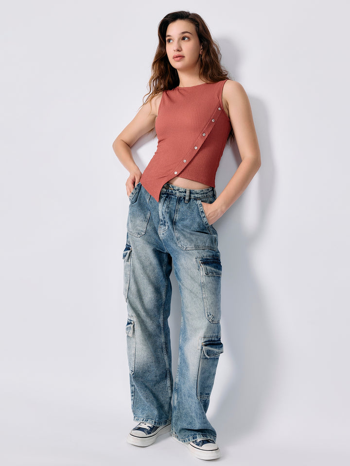 Coral Textured Assymetric Hem Tank