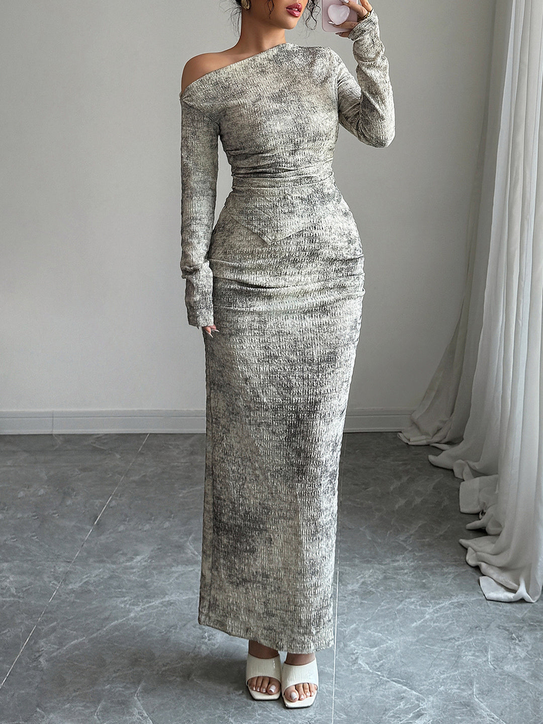 Cream One Off-Shoulder Full Sleeved Bodycon Dress